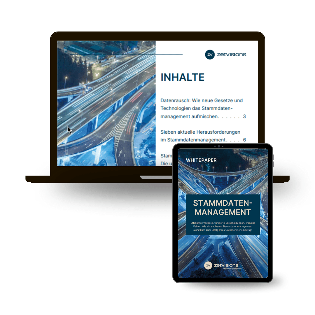 Mock up eines Laptops und Tablets mit Vorschau auf das Whitepaper Stammdatenmanagement
