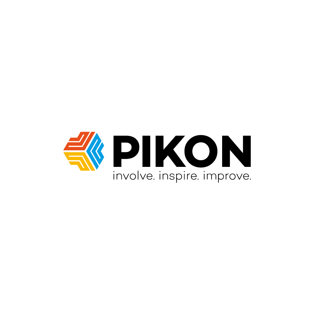 Logo von Pikon: buntes Würfelelement in drei Farben, danach ein schwarzer Schriftzug Pikon. Dadrunter stehet involve, inspire, improve.