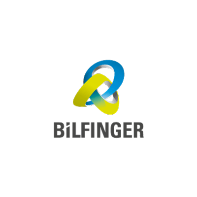 Bilfinger Logo: über dem Schriftzug verschlungene grün und blaue Kreise