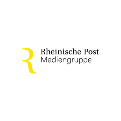 Rheinische Post-Logo: Links die zweite Hälfte eines großen R. Rechts in Schwarz der Schriftzug,