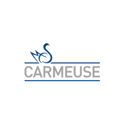 Logo von Carmeuse: Grauer Schriftzug mit zwei blauen Balken oben und unten. Darüber ein Schwan in blau.